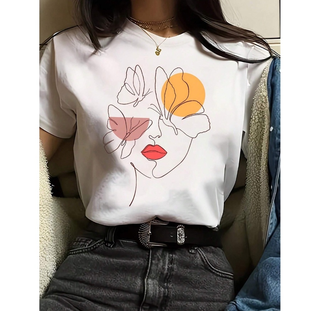 White Crew Neck Tee Shirt Abstract Face Floral Print